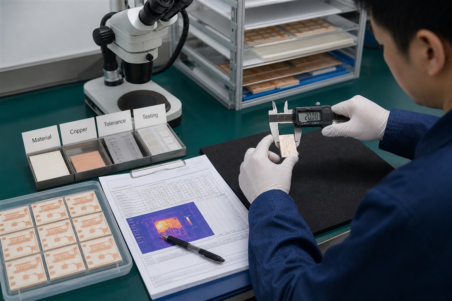 Engineer inspecting ceramic PCB substrates for material, copper, tolerance and testing checks