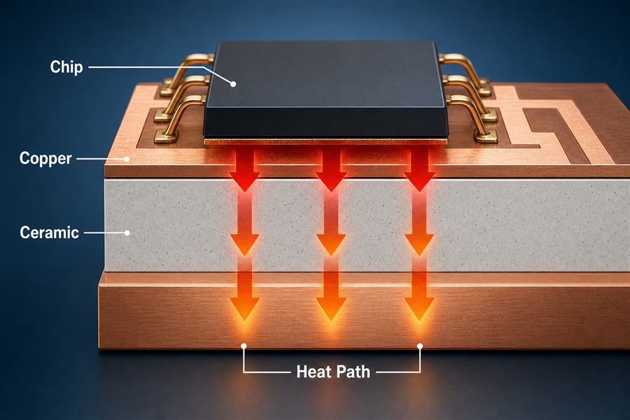 Thermal path through copper and ceramic layers in a power substrate