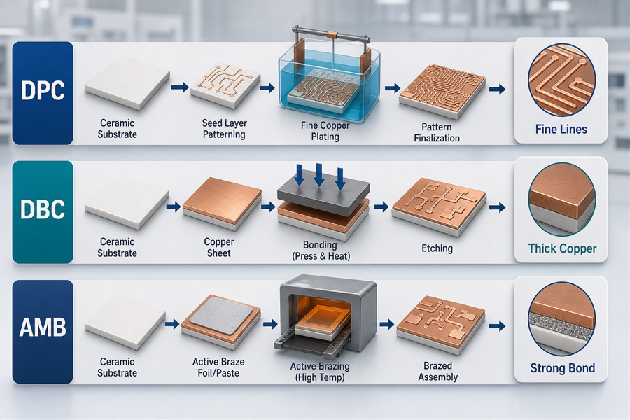 Process comparison for DPC, DBC and AMB ceramic substrates