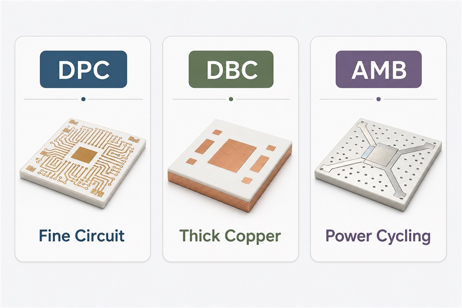 Selection guide showing DPC for fine circuits, DBC for thick copper and AMB for power cycling