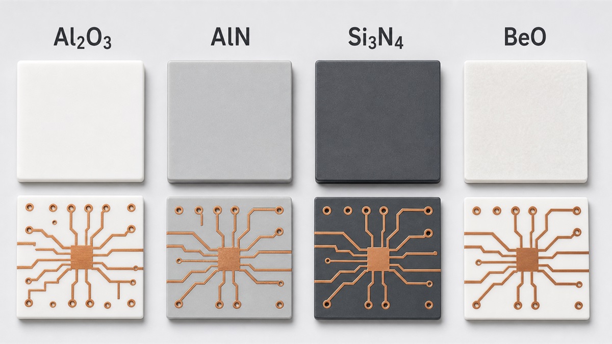 Al2O3 AlN Si3N4 and BeO ceramic PCB substrate material comparison