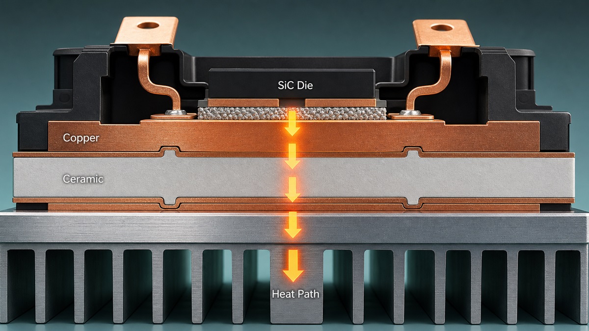 SiC die copper ceramic heat path in a power module substrate