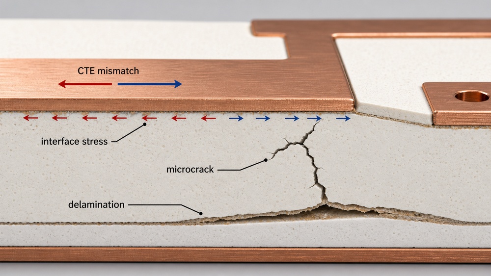 Ceramic PCB thermal cycling failure mechanism caused by CTE mismatch