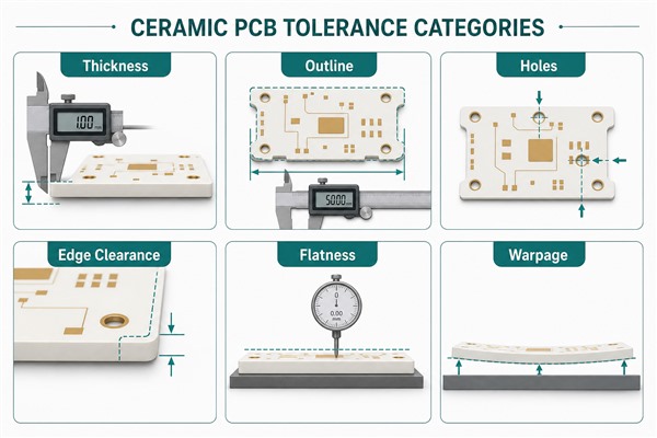 Ceramic PCB tolerance categories including thickness outline holes flatness warpage and edge clearance