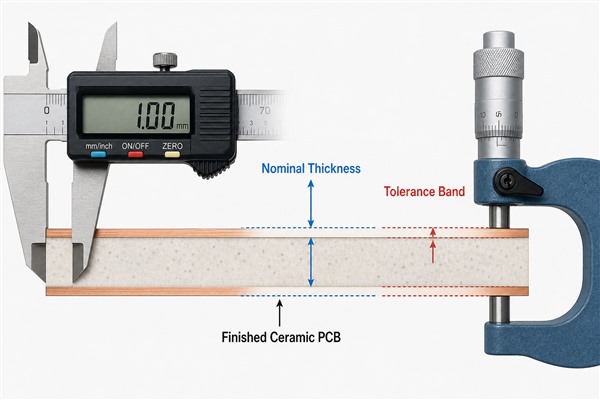 Ceramic PCB thickness tolerance measurement with caliper micrometer and tolerance band