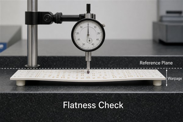 Ceramic PCB flatness and warpage inspection with dial indicator gauge