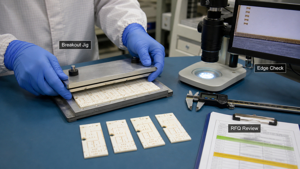 scribed ceramic PCB panel breakout jig and edge quality inspection