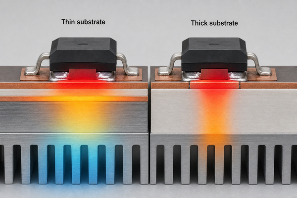 Ceramic PCB substrate thickness copper layout and thermal path comparison