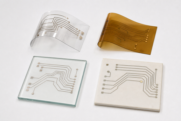 Transparent circuit board substrate materials including PET glass and ceramic