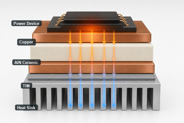 Thermal path through an aluminum nitride ceramic substrate and copper layers