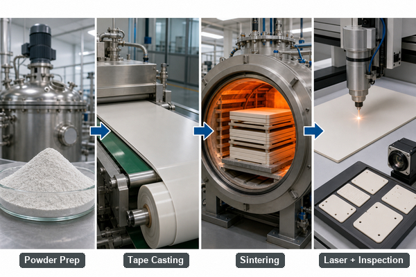 Aluminum nitride ceramics manufacturing from powder to sintered substrate