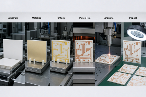 Alumina PCB production flow from ceramic substrate to patterned circuit and inspection