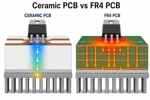 Ceramic PCB and FR4 PCB thermal path comparison