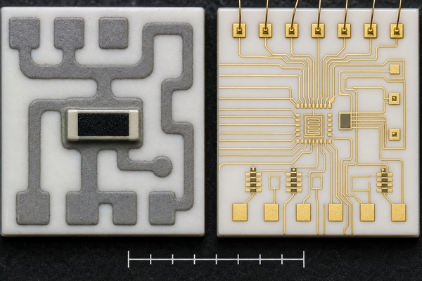 Thick film and thin film ceramic circuit feature-size comparison