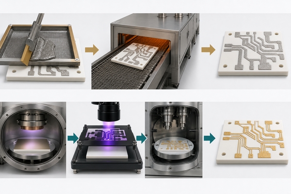 Thick film and thin film ceramic circuit manufacturing process