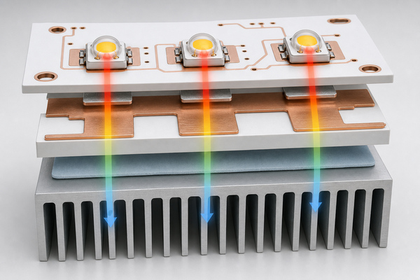 High-power LED thermal path through a ceramic PCB
