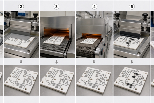 Six stage thick film PCB process from ceramic cleaning and screen printing to firing laser trimming and test