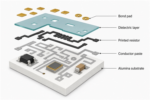 Thick film PCB material layers with alumina conductor paste resistor dielectric and bond pads
