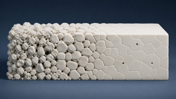 Alumina powder densifying into a sintered ceramic microstructure