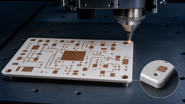 Laser cutting and drilling of a hard ceramic PCB substrate