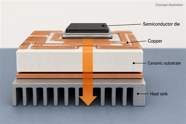 Concept diagram of heat flow through a ceramic semiconductor substrate