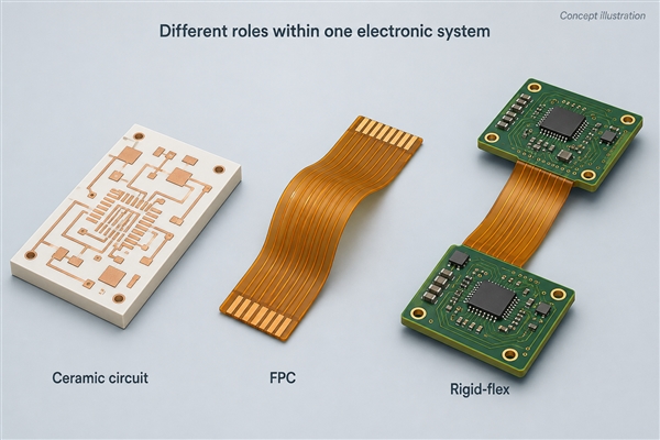 Distinct ceramic circuit, FPC and rigid-flex constructions