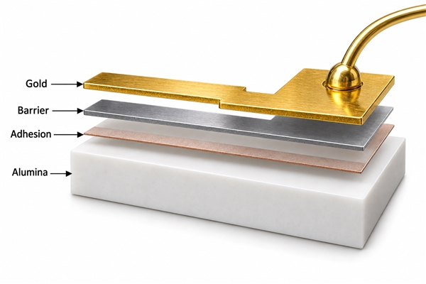 Conceptual thin film metallization stack with alumina adhesion barrier and gold layers