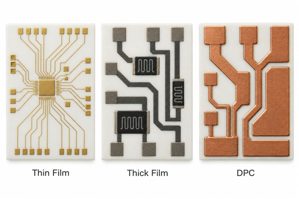 Conceptual comparison of thin film thick film and DPC ceramic circuit patterns