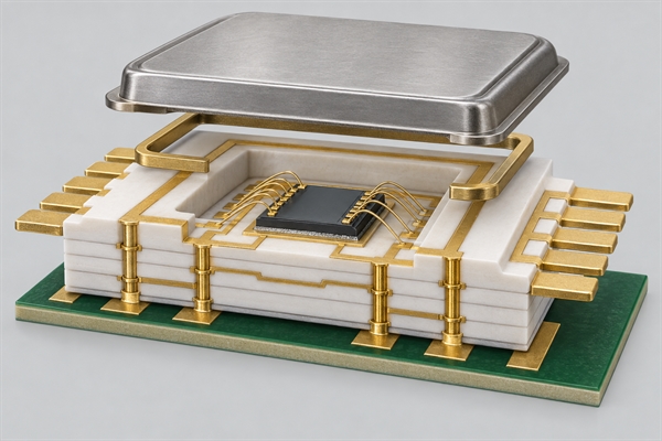 Ceramic package cross-section with die cavity wire bonds vias and lid