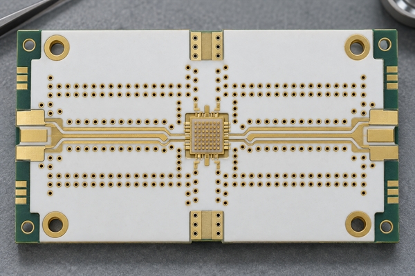 RF ceramic interposer routing with controlled traces ground vias and package pads
