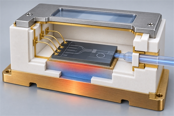Cross-section of a photonic IC ceramic package with optical electrical and thermal interfaces