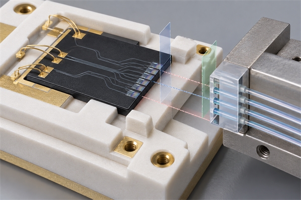 Photonic IC package optical alignment datums for a PIC fiber array and ceramic base
