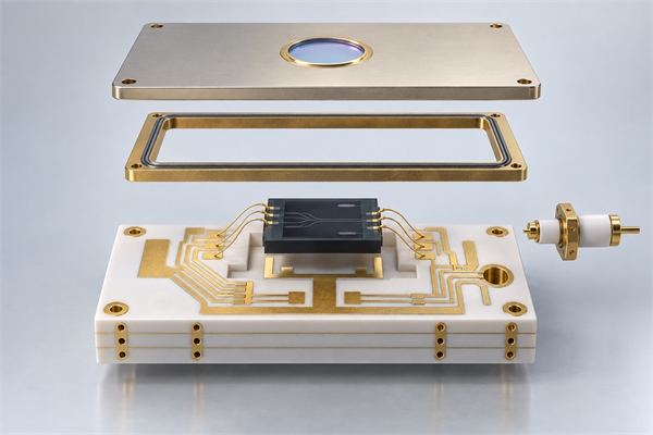 Ceramic photonic package metallization feedthrough bonding and lid sealing interfaces
