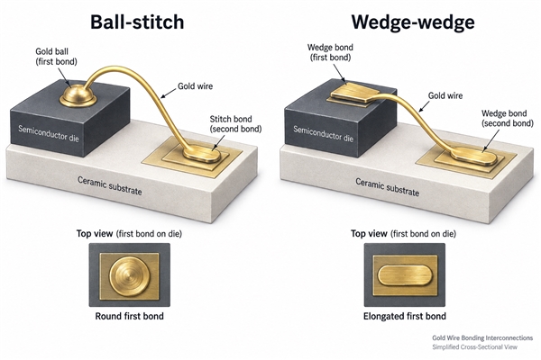 Ball-stitch and wedge-wedge gold wire connections and first-bond footprints