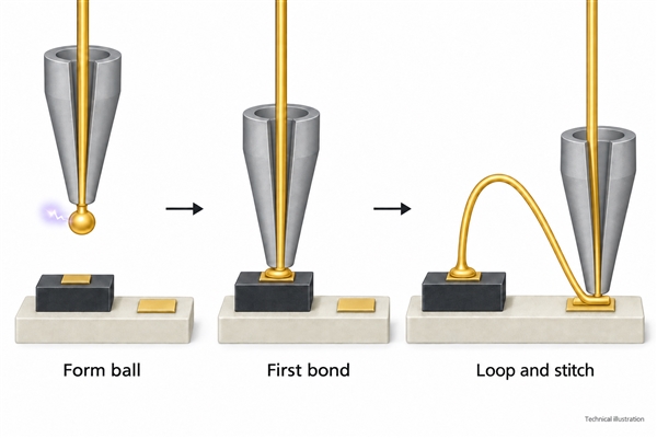 Gold ball bonding sequence showing ball formation first bond and stitch bond