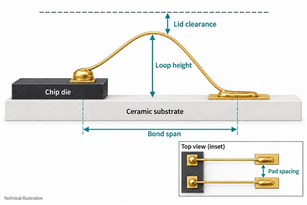 Gold wire loop height lid clearance bond span and pad spacing