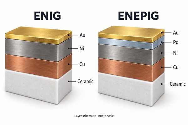 ENIG and ENEPIG layer stacks above copper and ceramic, schematic not to scale
