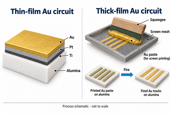 Patterned thin-film Ti Pt Au pad and screen-printed thick-film gold process, technical schematic