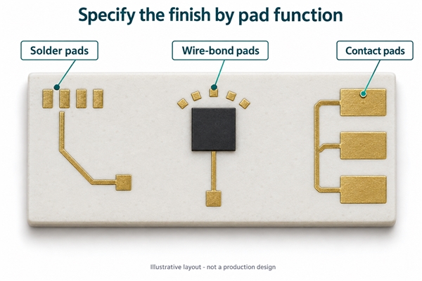 Separate solder pads, wire-bond pads and contact pads on a ceramic substrate, illustrative layout