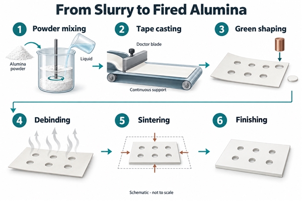Tape-cast alumina substrate process from powder mixing through firing and finishing, schematic