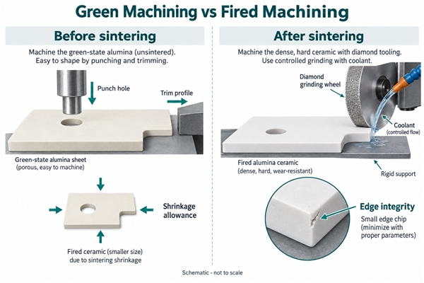 Green machining compared with fired alumina diamond machining, schematic