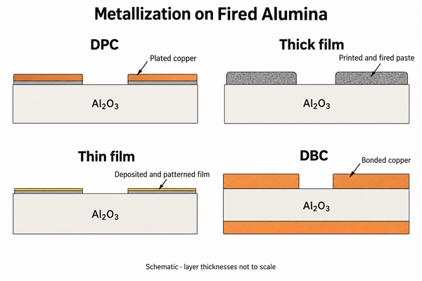DPC, thick-film, thin-film and DBC metallization on alumina, schematic cross sections