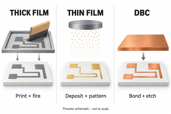 Thick film, thin film and DBC metallization routes on alumina, schematic comparison