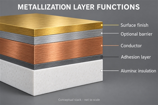 Functions of adhesion, conductor, optional barrier and finish layers on alumina, not to scale