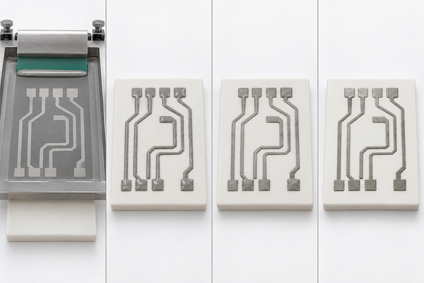 Screen printing sequence from patterned mesh to fired ceramic circuit