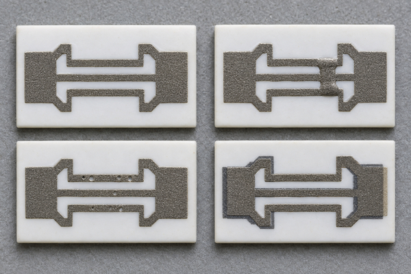 Examples of good print, bridging, pinholes and layer misregistration on ceramic