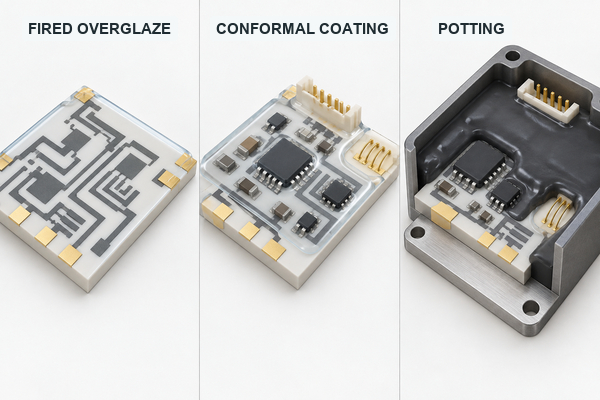 Fired glass overglaze, conformal coating and potting on ceramic circuits