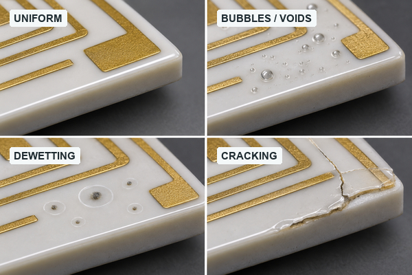Uniform coating, bubbles, dewetting and cracking on ceramic PCB coupons