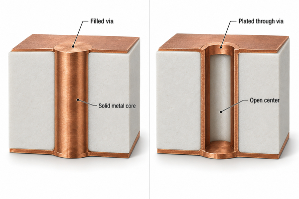 Cross-section comparison of a solid filled via and an open plated through via in alumina