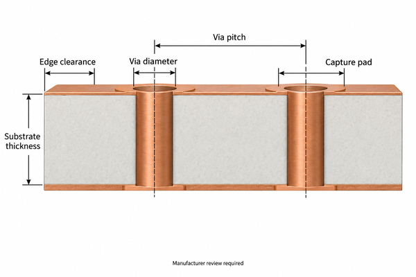 Key geometry for a filled via in an alumina substrate including thickness, diameter, pitch and edge clearance